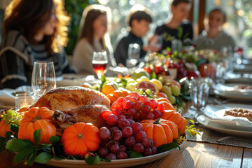 Wall Mural - Happy family and friends having Thanksgiving turkey dinner at festive decorated table 