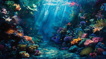 Wall Mural - Vibrant underwater scene with diverse coral reefs and marine life illuminated by sunlight streaming through the ocean surface.