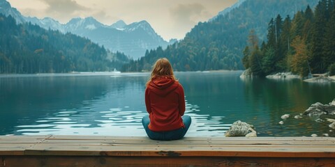 Wall Mural - A woman sits alone on a dock overlooking a serene lake, perfect for use in outdoor or nature-themed projects