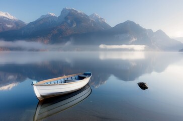 Sticker - Boat on Misty Lake With Mountains