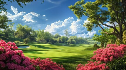 A Lush Green Golf Course Under a Cloudy Sky - A Digital Painting - Landscape, Nature, Golf, Green, Sky, Clouds, Summer