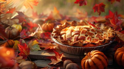 Canvas Print - Delicious pie surrounded by autumn leaves and pumpkins.