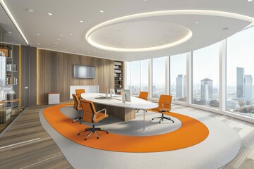 Wall Mural - Modern office space with bright circular ceiling light open floor plan and large windows overlooking cityscape featuring orange accents and sleek furniture