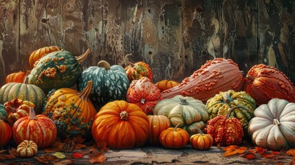 Poster - Assorted pumpkins and gourds on a rustic wooden background.