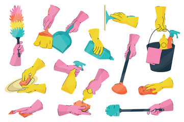 Aufkleber - Cleaning tools mega set elements in flat cartoon graphic design. Bundle objects of dust brush, dustpan, broom, rubber gloves hand, detergent bottles, bucket, rag, sponge, other. Vector illustration.