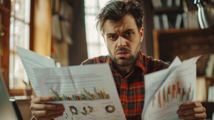 A person sitting at a desk or table, reading a newspaper or publication