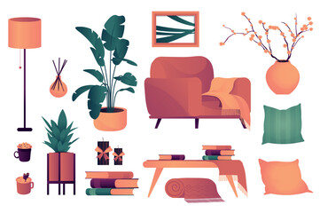 Poster - Interior furniture mega set elements in flat cartoon graphic design. Bundle objects of living room armchair, floor lamp, houseplants, candles, books, coffee table, decor, other. Vector illustration.