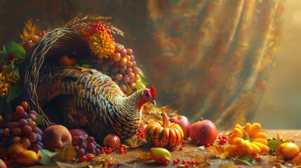 Canvas Print - A Thanksgiving still life with a turkey, grapes, apples, pumpkins, and autumn leaves.