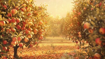 Canvas Print - Sunlit orchard with ripe apples on branches.