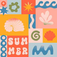 Wall Mural - vector summer illustration with nature organic shapes,doodles.groovy boho palm,beach,surf,waves,sun,