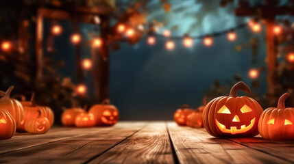 a wooden table with several lit candles and pumpkins on it.
