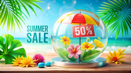 Wall Mural - Summer sale promotion 3d poster,  abstract glass bubble with tropic leaves and flowers, sea background, Promotion  for seasonal offer, advertising.