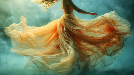 A closeup of a dancer twirling her dress with motion blur. Generative aI