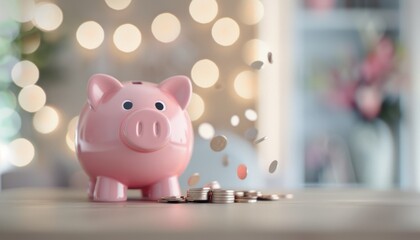 Wall Mural - Pink Piggy Bank With Coins On Table