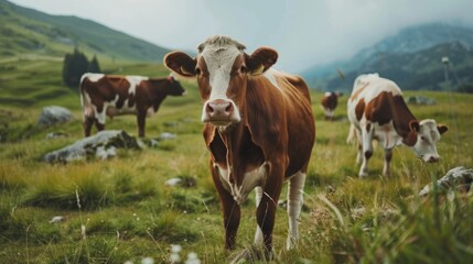 Poster - A cow is standing in a field with other cows