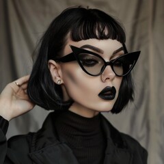 Wall Mural - Edgy Young Woman with Bold Cat-Eye Sunglasses and Black Lipstick