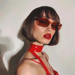 Wall Mural - Fashionable Woman with Bob Haircut and Red Sunglasses