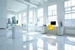 © Leo Rohmann - Minimalist office with white decor large windows and bright natural light creating a clean and modern workspace