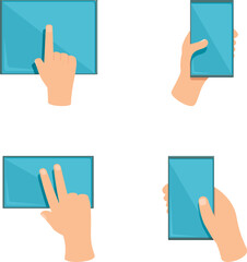 Poster - Scrolling screen icons set cartoon vector. Hand gesture on touch digital device. Modern technology