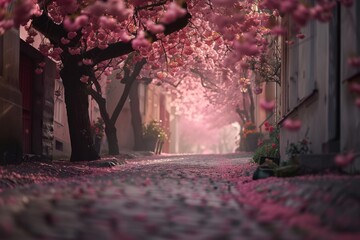 Wall Mural - A charming cobblestone street lined with blooming cherry trees, their delicate blossoms creating a soft and romantic blur for a holiday wallpaper.