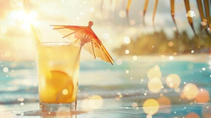 Sticker - A refreshing tropical cocktail with a paper umbrella on a beach, with the sun shining in the background.