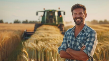 Poster - A man is standing in a field with a tractor behind him