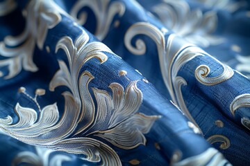 Poster - a blue and white fabric with swirls.