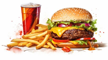 fresh fast food burger with beef and cheese combo set with drink  on the white background 