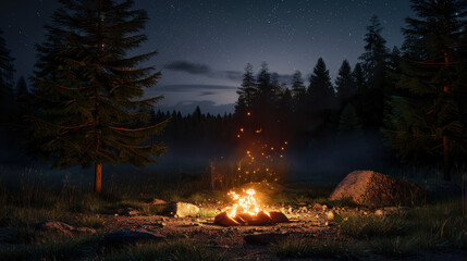 Wall Mural - A serene night scene of a campfire in a forest, the flames providing the only light source