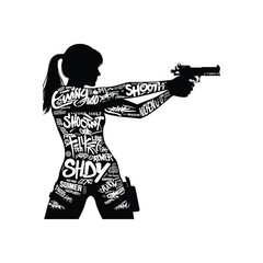 Wall Mural - Shooting sport female player with graffiti tags, street art pattern illustration, emblem shield badge