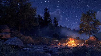 Wall Mural - A serene night scene of a campfire in a forest, the flames providing the only light source