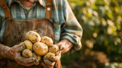 Poster - A man is holding a bunch of potatoes in his hands