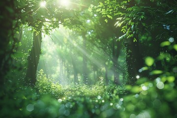 Wall Mural - A lush, green forest with sunlight filtering through the canopy, the trees and undergrowth creating a softly blurred background for a spring-themed wallpaper