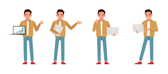 Wall Mural - businessman wear brown jacket working and holding laptop with a graph in office character vector ill