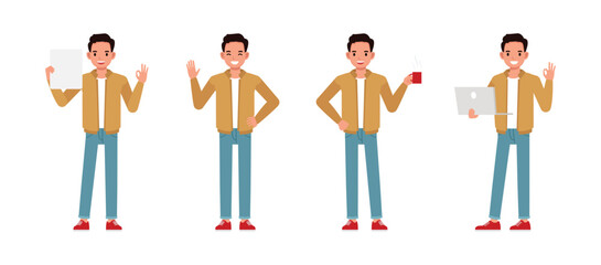 Wall Mural - businessman wear brown jacket working in office character vector illustration design set. man making