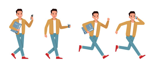 Wall Mural - businessman wear brown jacket working in office character vector illustration design set. man talk o