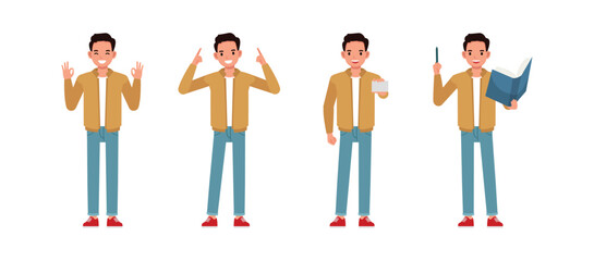 Wall Mural - businessman wear brown jacket working in office character vector illustration design set. man with b