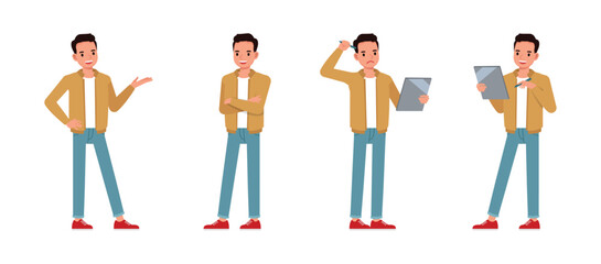 Wall Mural - businessman wear brown jacket working in office character vector illustration design set. man thinki