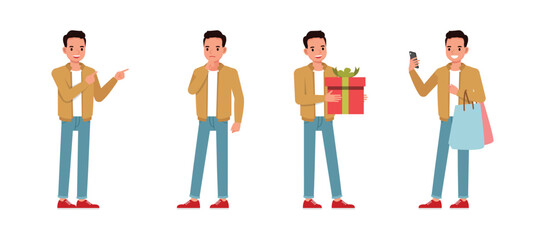 Wall Mural - businessman wear brown jacket working, thinking, and pointing finger in office character vector illu