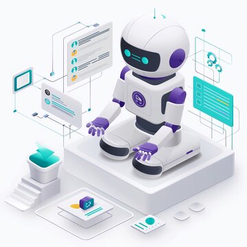 Robot stilizzato bianco con dettagli viola; è posizionato su una piattaforma ed è circondato da elementi grafici che rappresentano informazioni digitali o dati.