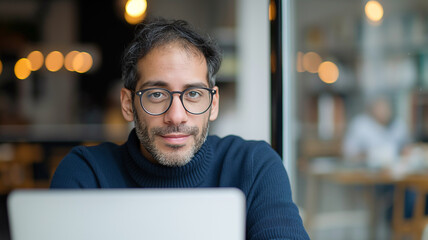 A focused man wearing glasses and a dark blue sweater works on his laptop in a modern office. Soft lighting and a blurred background highlight his concentration and professional demeanor.
