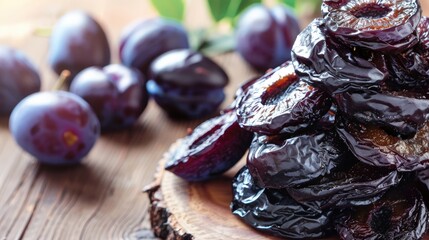 Wall Mural - Pile of dried plums made from numerous ripe plums stacked on a wooden kitchen table in close up view