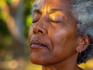 Wall Mural - A close-up photo of a woman with her eyes closed, possibly in contemplation or meditation