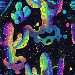 Wall Mural - vibrant cosmic cactus landscape with planets and stars