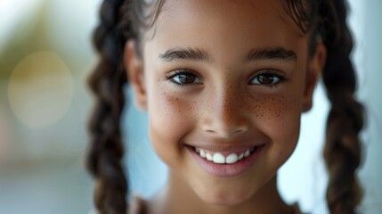 Young girl with braids smiling directly at the camera