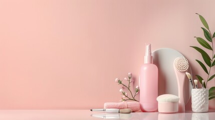 Wall Mural - Variety of cosmetics and facial massager on bright background with text space