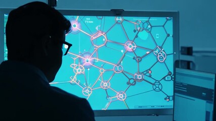 Poster - A man in glasses sits at a computer, looking at a large screen displaying a complex network of connected circles and lines.