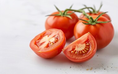 Bellissimi pomodori rossi interi e tagliati a metà, su sfondo bianco 