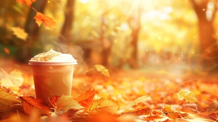 Wall Mural - Autumn coffee drink with whipped cream and cinnamon on a bed of colorful leaves.