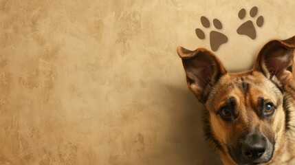 Poster - Dog peeking over wall with paw prints.